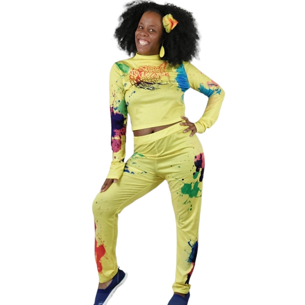 Yellow Two-Piece Paint Splatter Cropped Top & Pants Set